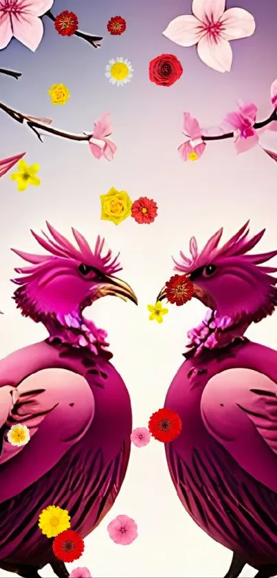 Pink birds artwork with cherry blossoms on mobile wallpaper.