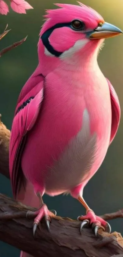 A vibrant pink bird on a branch with a dreamy background.