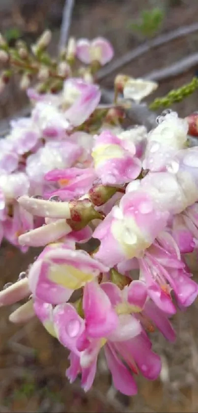 Close-up of pink blossoms with dew on branches.