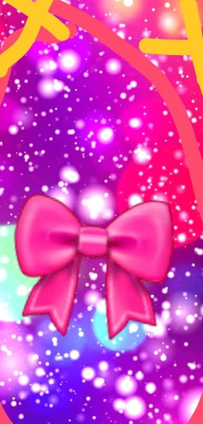 Vibrant pink bow with sparkling lights on a colorful background.