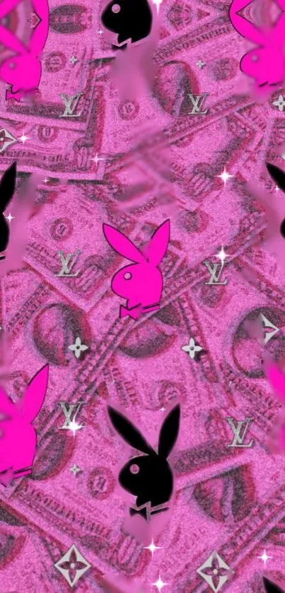 Pink and black bunny design with money motifs on wallpaper.