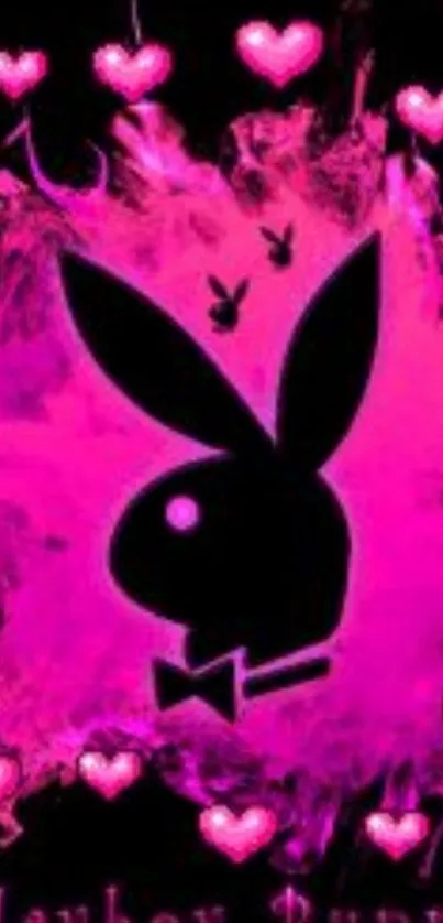 Fuchsia bunny silhouette with hearts on a dynamic wallpaper background.