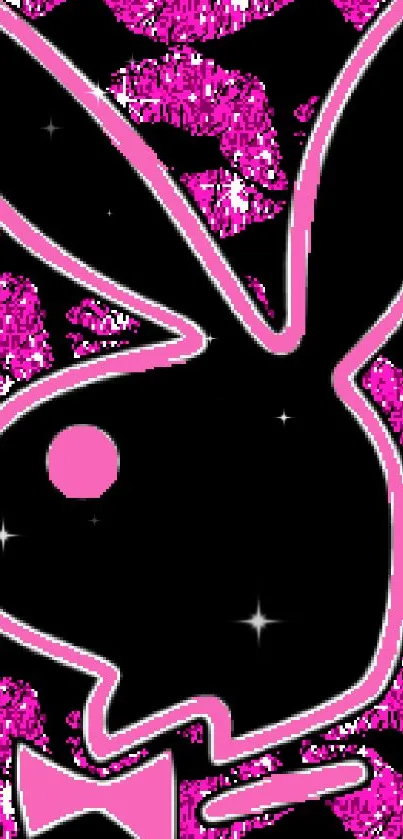 Vibrant pink bunny wallpaper with kiss pattern and black silhouette.