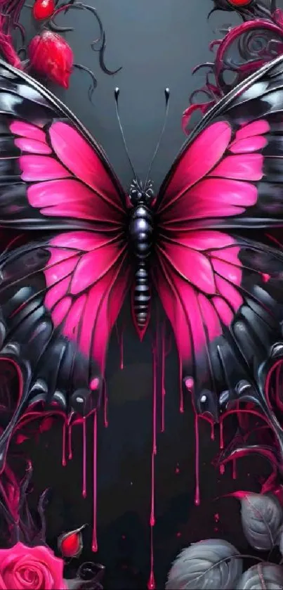 Colorful pink and black butterfly on a floral background in digital art style.