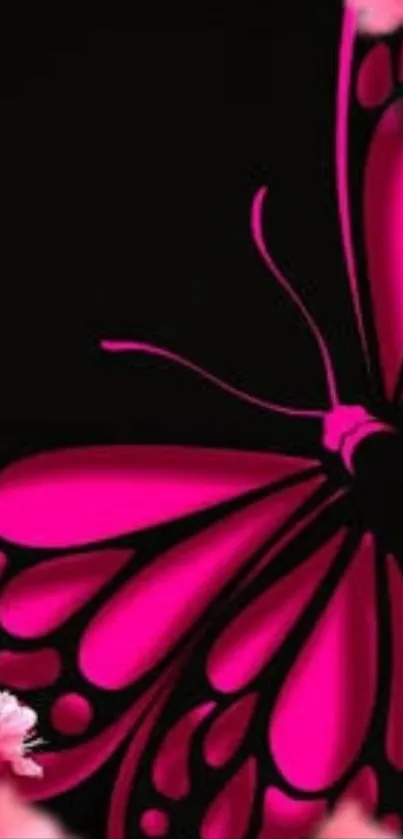 Vibrant pink butterfly with black accents and floral elements