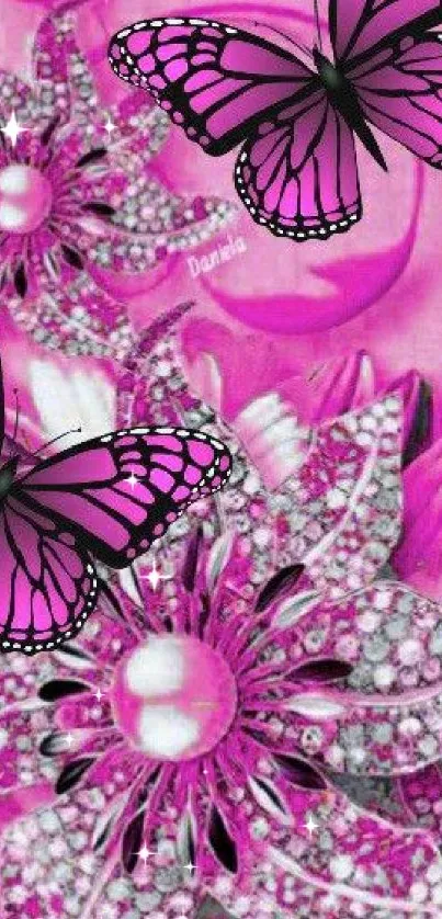Pink butterfly and jewel floral mobile wallpaper.
