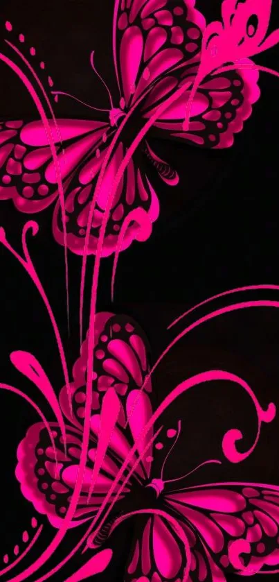 Vibrant pink butterfly mobile wallpaper with artistic swirls on a dark background.