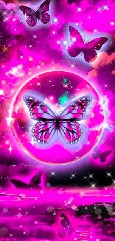 Vibrant pink fantasy wallpaper with butterflies.