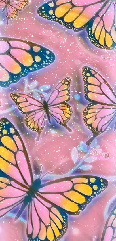 Vibrant pink butterfly wallpaper with colorful wings and dreamy elements.