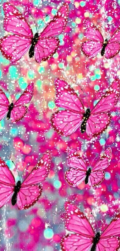 Vibrant pink butterflies with bokeh effect on mobile wallpaper.