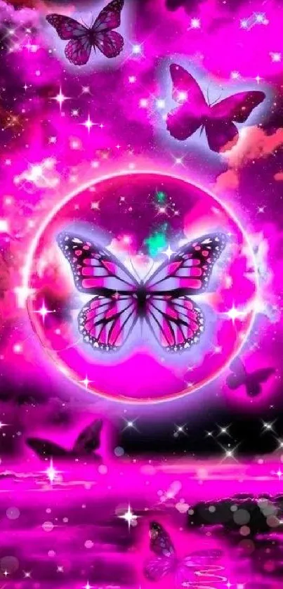 Pink butterfly wallpaper with cosmic sparkles and vibrant hues.