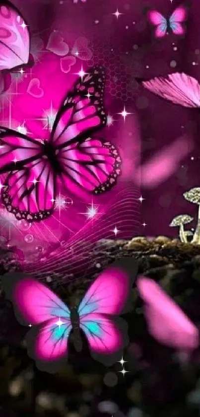 Pink butterflies with stars on a dark vibrant background.