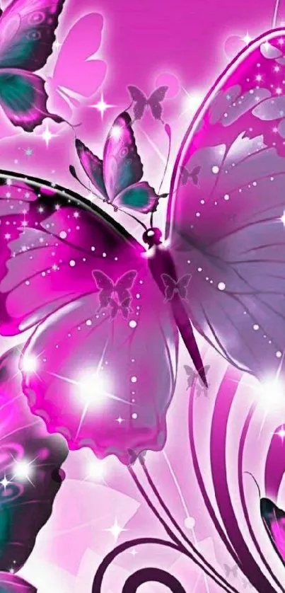 Vibrant pink butterfly wallpaper with artistic design.