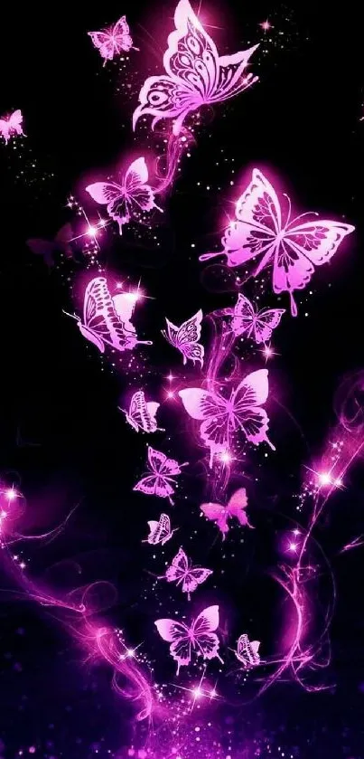 Glowing pink butterflies on dark mobile wallpaper.