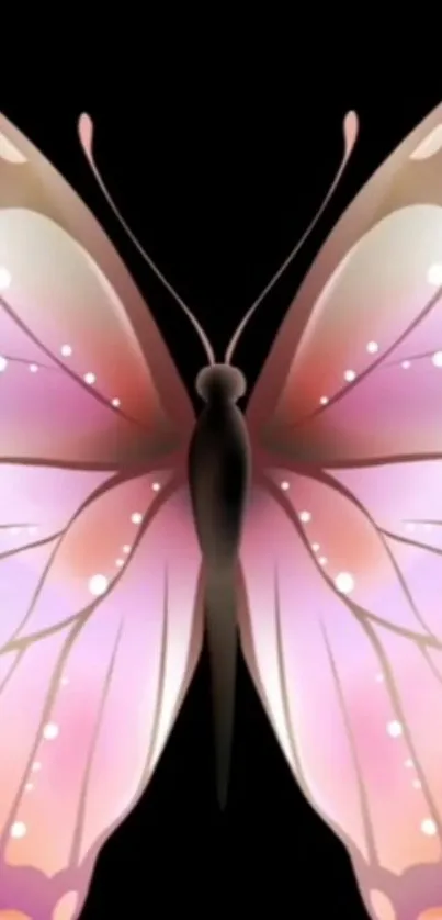 Elegant pink butterfly on black background mobile wallpaper.