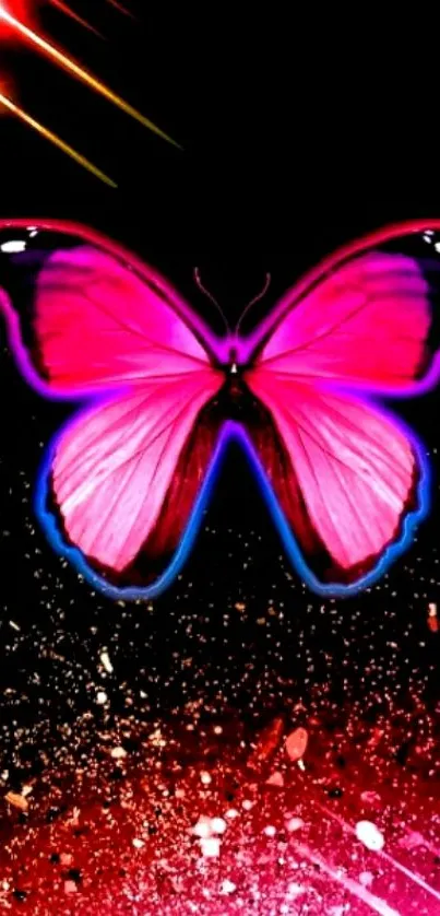 Vibrant pink butterfly with neon glow on dark background.