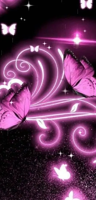 Pink glowing butterfly wallpaper for mobile screens.