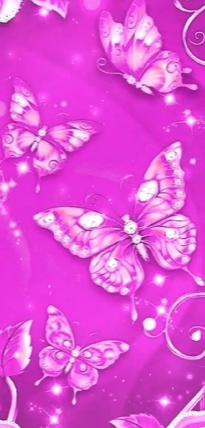 Pink wallpaper with butterflies and roses, vibrant and elegant.