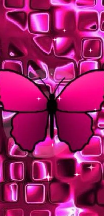 A vibrant magenta butterfly on a pink geometric background.