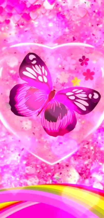 Pink heart with butterfly on vibrant background.