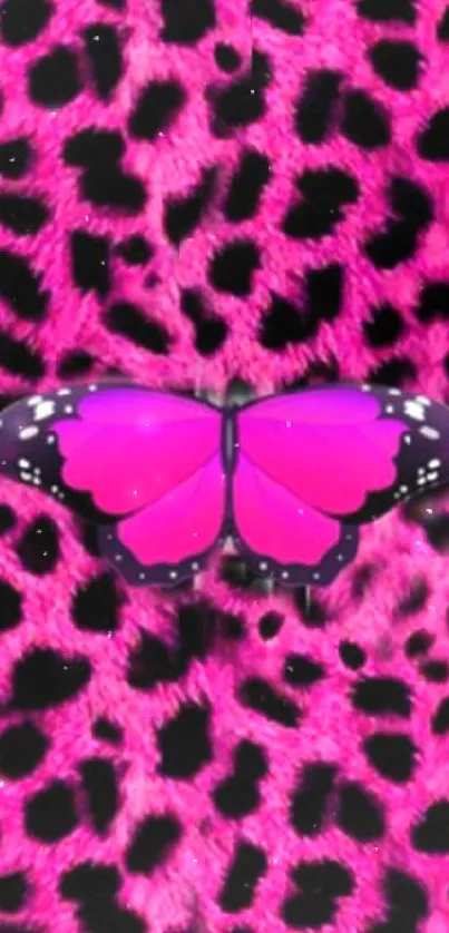 Pink butterfly on leopard print background wallpaper.