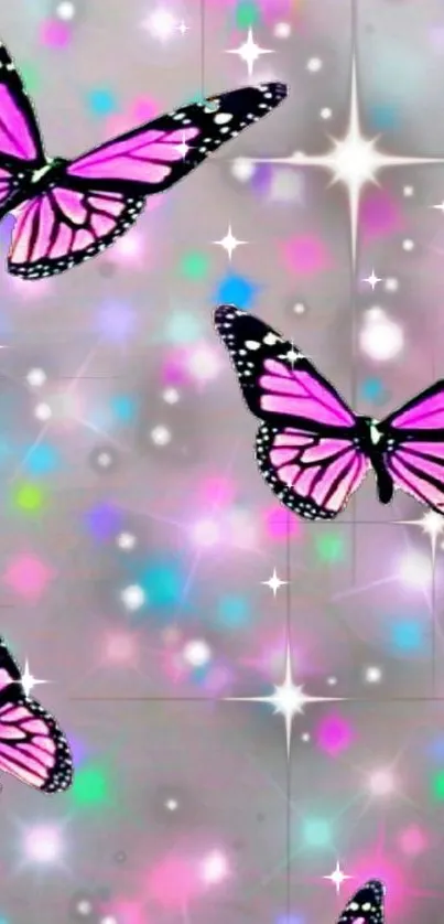 Vibrant pink butterflies with a pastel and sparkling background.