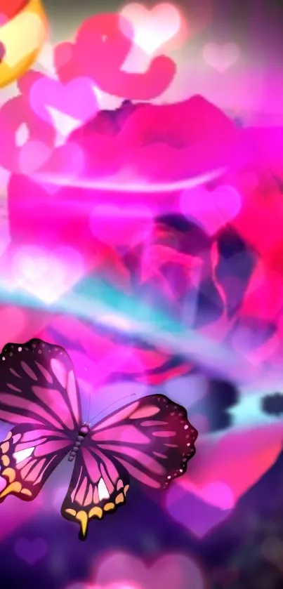 Vibrant pink wallpaper with butterfly and heart shapes.