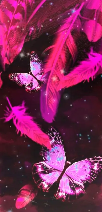 Vibrant pink butterflies and feathers on dark background.