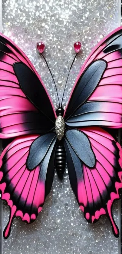 Pink and black butterfly with glittery background.