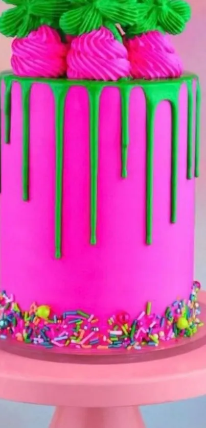 Vibrant pink cake with green icing drips and sprinkles on a pink stand.