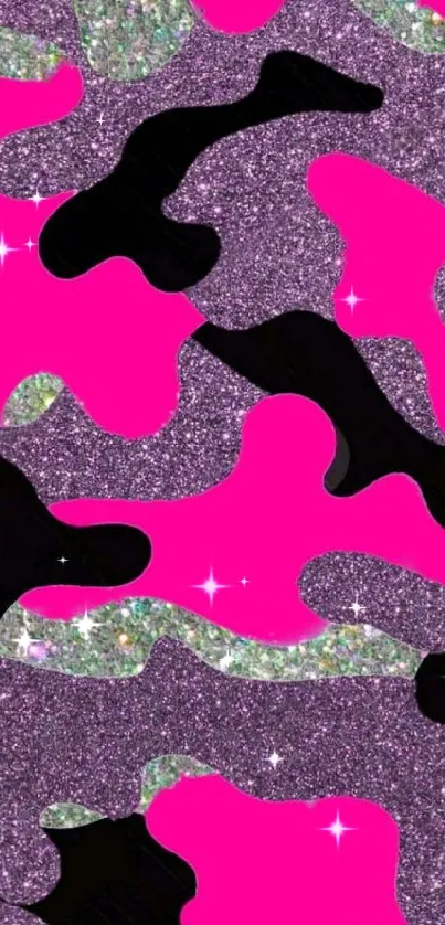 Glittery pink camouflage wallpaper with bold patterns.