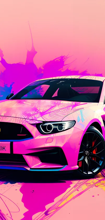 Stylized pink and purple sports car illustration on wallpaper.