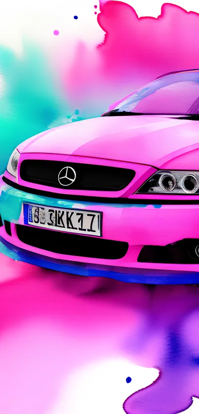 Vibrant pink car with colorful splashes in mobile wallpaper design.