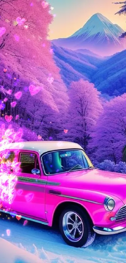 A pink vintage car set in a snowy forest with magical heart effects.