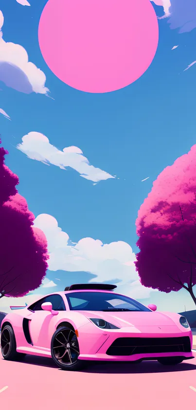 Pink sports car on scenic road with trees, blue sky, and clouds.