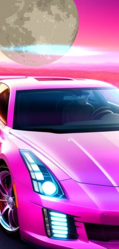 Futuristic pink sports car under a moonlit sky.