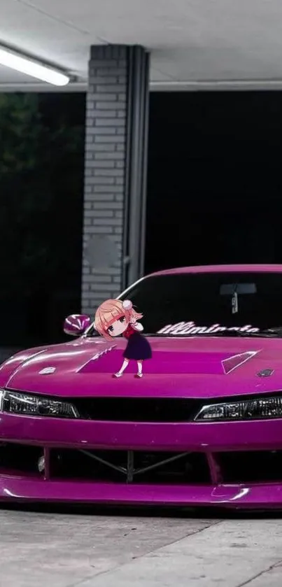 Vibrant pink car in parking lot at night.