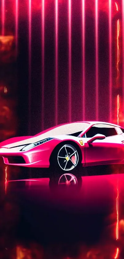 Vibrant pink sports car with neon lights on black background.