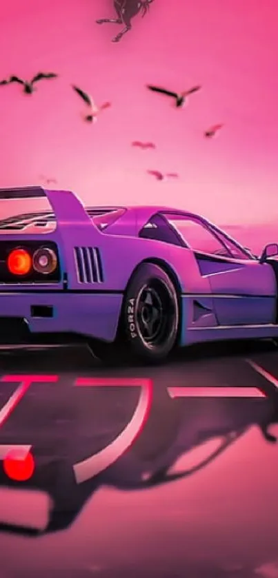 Vibrant pink sports car against cityscape