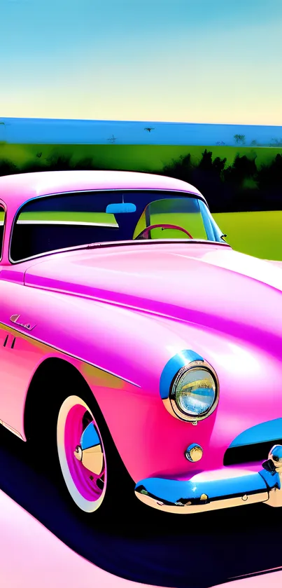 Vibrant pink vintage car with scenic backdrop in artistic style.