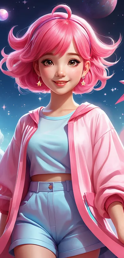 Colorful cartoon girl with pink hair and starry backdrop.