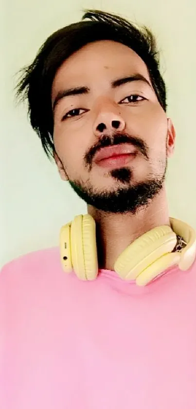 Person with yellow headphones and pink shirt, vibrant wallpaper.