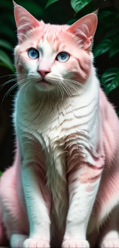 A vibrant pink cat with blue eyes sits in green foliage, perfect for phone wallpaper.