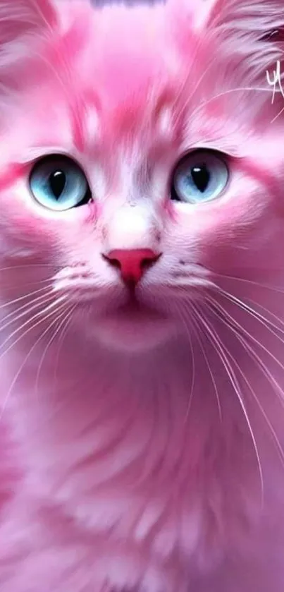 Cute pink cat with blue eyes on a vibrant pink background.