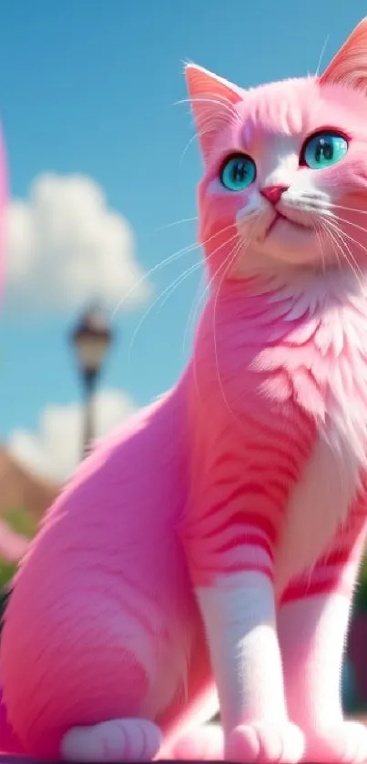 Vibrant pink cat in a dreamy setting, perfect for mobile wallpaper.