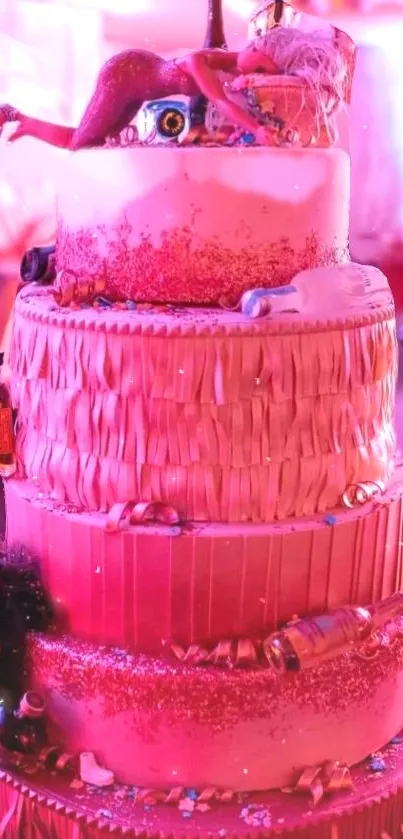 Vibrant pink multi-tiered cake with festive decorations.