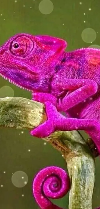 A vibrant pink chameleon perched on a branch against a green backdrop.