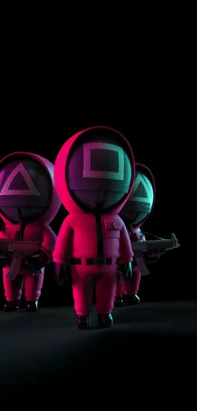 Vibrant pink characters on a mysterious black background.