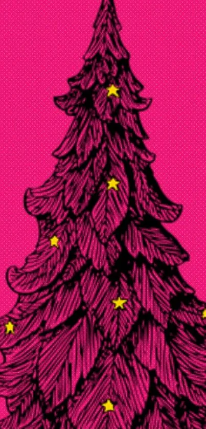 Vibrant pink Christmas tree wallpaper with yellow stars.