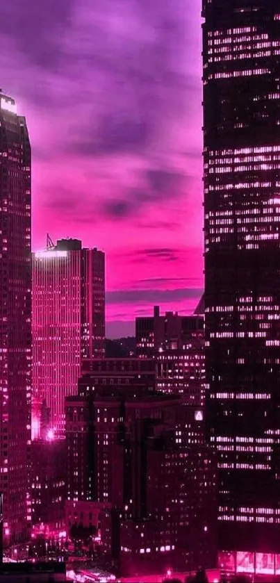 Vibrant pink cityscape at night with high-rise buildings and glowing skyline.